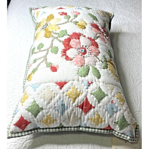 The Home Quilted Look Zipper Pillow Sham Floral Green Gingham Trim & Backing NWT - Picture 5 of 14